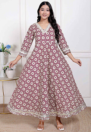Digital Printed Cotton Long A Line Kurta in Cream and Magenta