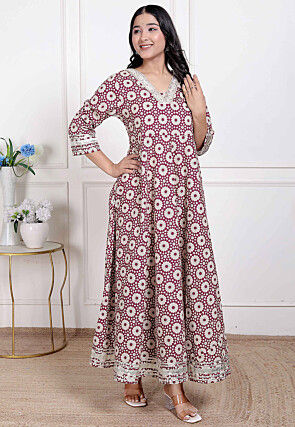 Digital Printed Cotton Long A Line Kurta in Cream and Magenta