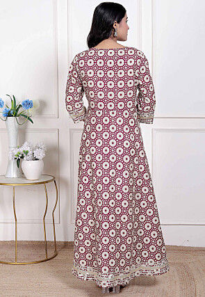 Digital Printed Cotton Long A Line Kurta in Cream and Magenta