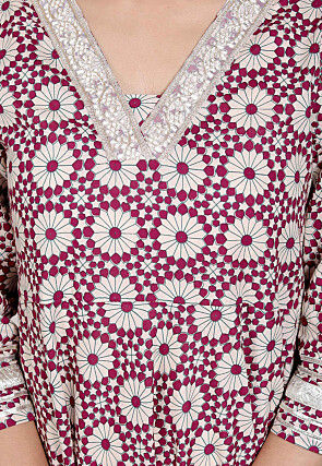 Digital Printed Cotton Long A Line Kurta in Cream and Magenta