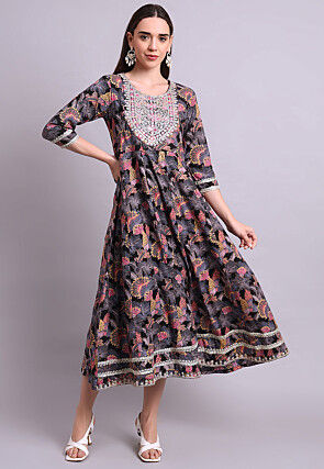Digital Printed Cotton Long Kurta in Black