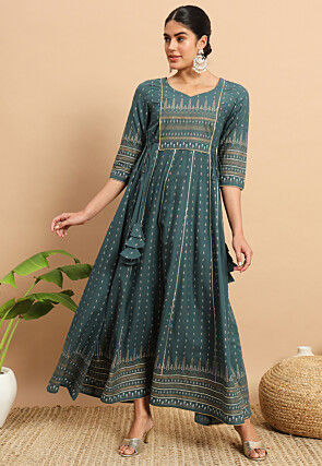 Digital Printed Cotton Long Kurta in Dusty Blue