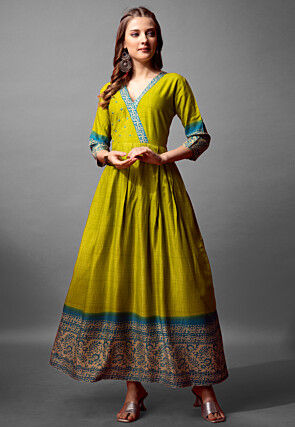 Digital Printed Cotton Long Kurta in Olive Green