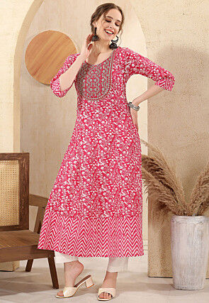 Digital Printed Cotton Long Kurta in Pink
