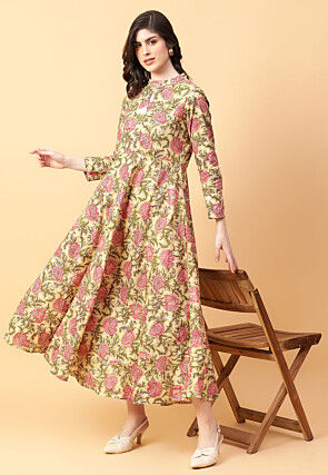 Digital Printed Cotton Maxi Dress in Beige