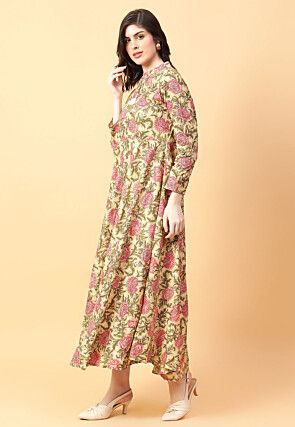 Digital Printed Cotton Maxi Dress in Beige