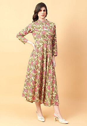Digital Printed Cotton Maxi Dress in Beige