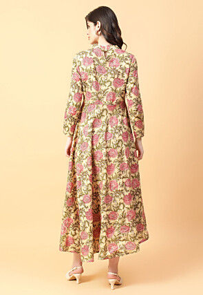 Digital Printed Cotton Maxi Dress in Beige