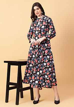 Digital Printed Cotton Maxi Dress in Black