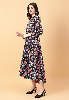 Digital Printed Cotton Maxi Dress in Black