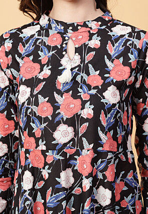 Digital Printed Cotton Maxi Dress in Black