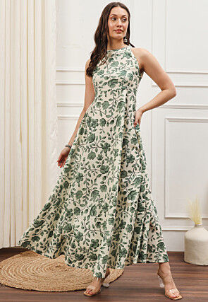 Digital Printed Cotton Maxi Dress in Cream