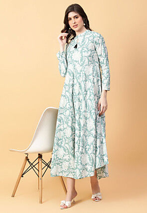 Digital Printed Cotton Maxi Dress in Light Green