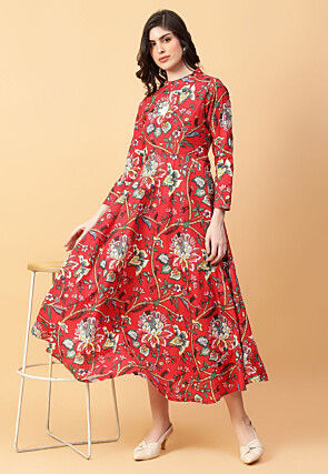 Digital Printed Cotton Maxi Dress in Red