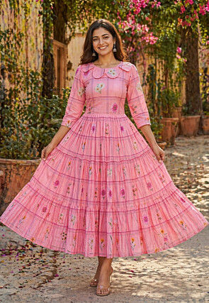 Digital Printed Cotton Midi Dress in Pink