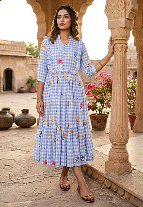 Digital Printed Cotton Midi Dress in Sky Blue