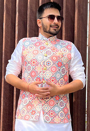 Digital Printed Cotton Nehru Jacket in Multicolor