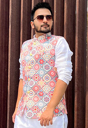 Digital Printed Cotton Nehru Jacket in Multicolor
