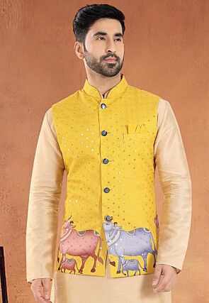 Digital Printed Cotton Nehru Jacket in Mustard