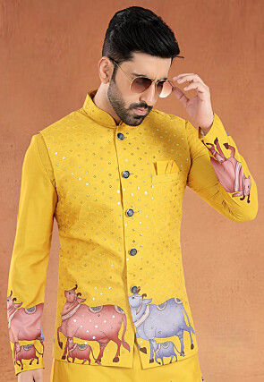 Digital Printed Cotton Nehru Jacket in Yellow