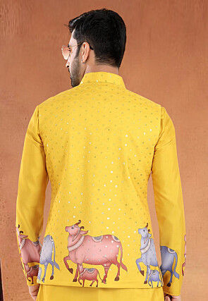 Digital Printed Cotton Nehru Jacket in Yellow