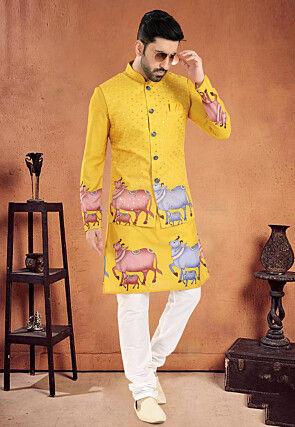 Digital Printed Cotton Nehru Jacket in Yellow