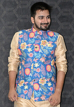 Digital Printed Cotton Nehru Jacket in Blue