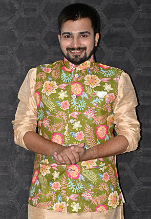 Digital Printed Cotton Nehru Jacket in Green