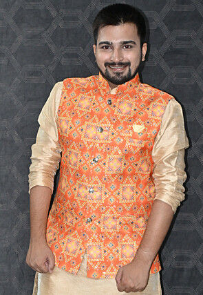 Digital Printed Cotton Nehru Jacket in Orange