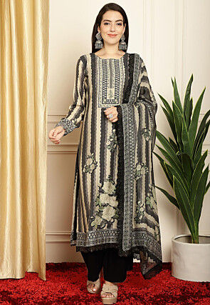 Digital Printed Cotton Pakistani Suit in Black and Beige