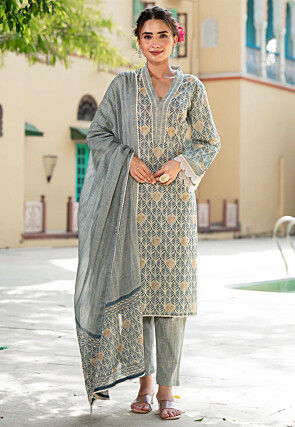 Digital Printed Cotton Pakistani Suit in Beige