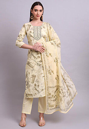 Digital Printed Cotton Pakistani Suit in Beige
