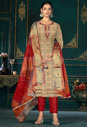 Digital Printed Cotton Pakistani Suit in Beige