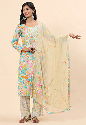 Digital Printed Cotton Pakistani Suit in Beige