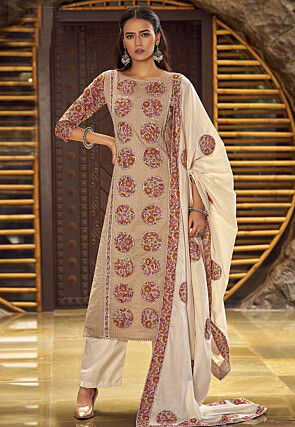 Digital Printed Cotton Pakistani Suit in Beige