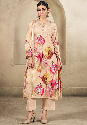 Digital Printed Cotton Pakistani Suit in Beige