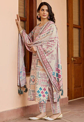 Digital Printed Cotton Pakistani Suit in Beige