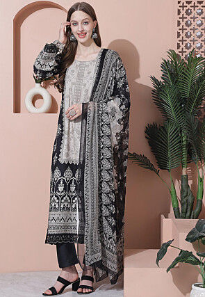 Digital Printed Cotton Pakistani Suit in Black and Off White