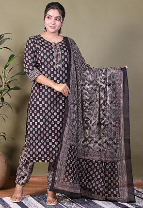 Digital Printed Cotton Pakistani Suit in Black
