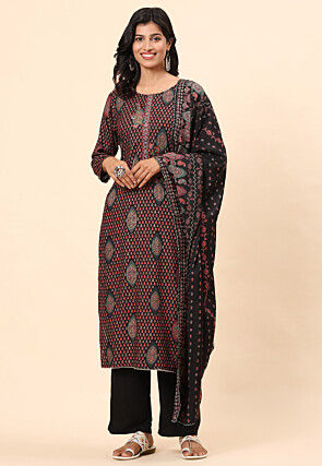 Digital Printed Cotton Pakistani Suit in Black