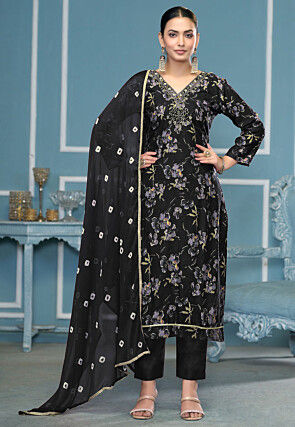 Digital Printed Cotton Pakistani Suit in Black