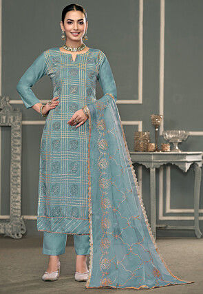 Digital Printed Cotton Pakistani Suit in Blue