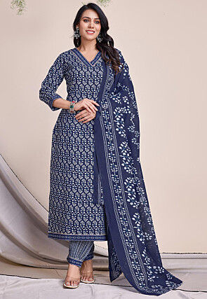 Digital Printed Cotton Pakistani Suit in Blue