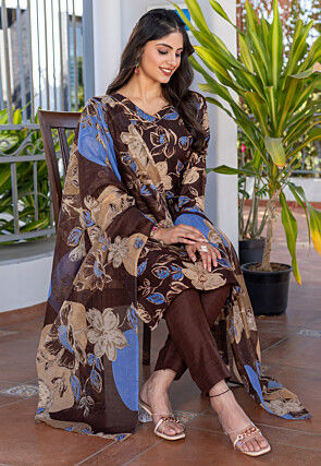 Digital Printed Cotton Pakistani Suit in Brown