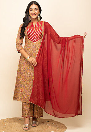 Digital Printed Cotton Pakistani Suit in Brown