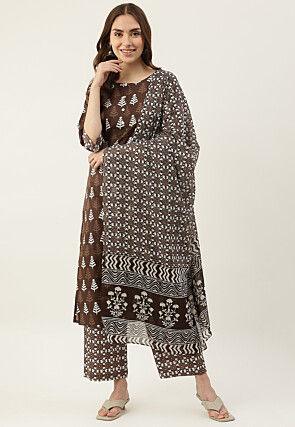 Digital Printed Cotton Pakistani Suit in Brown