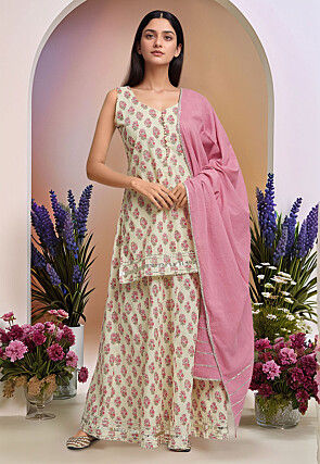 Digital Printed Cotton Pakistani Suit in Cream