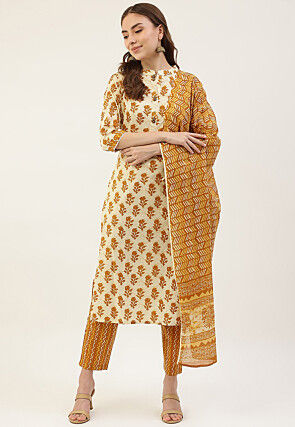 Digital Printed Cotton Pakistani Suit in Cream