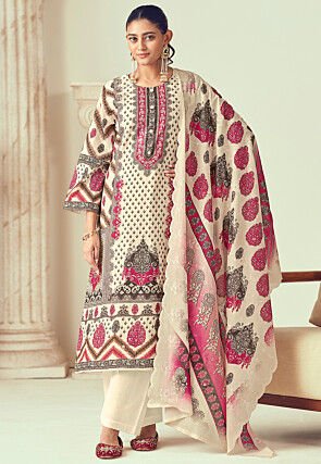 Digital Printed Cotton Pakistani Suit in Cream