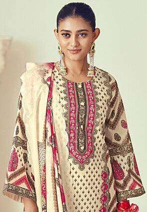 Digital Printed Cotton Pakistani Suit in Cream